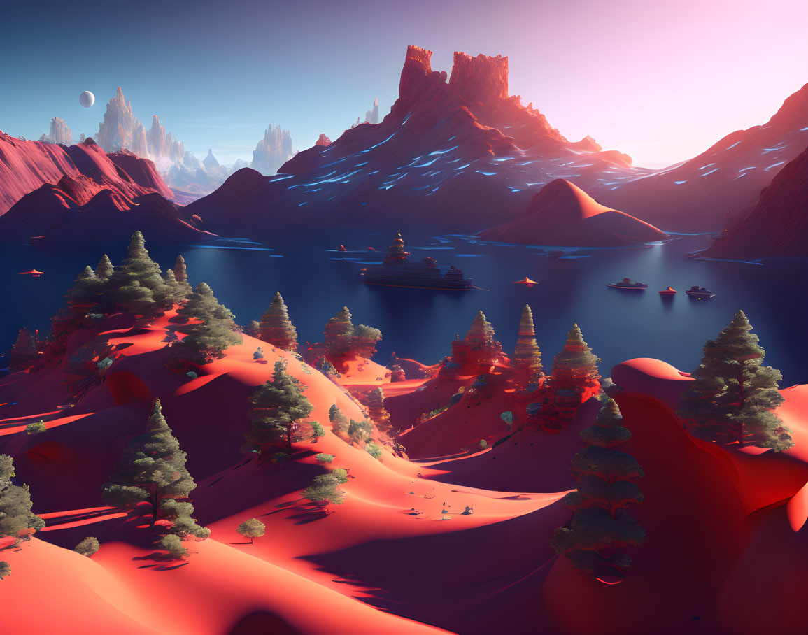 Surreal red sand landscape with pine trees, blue lakes, and towering rock formations