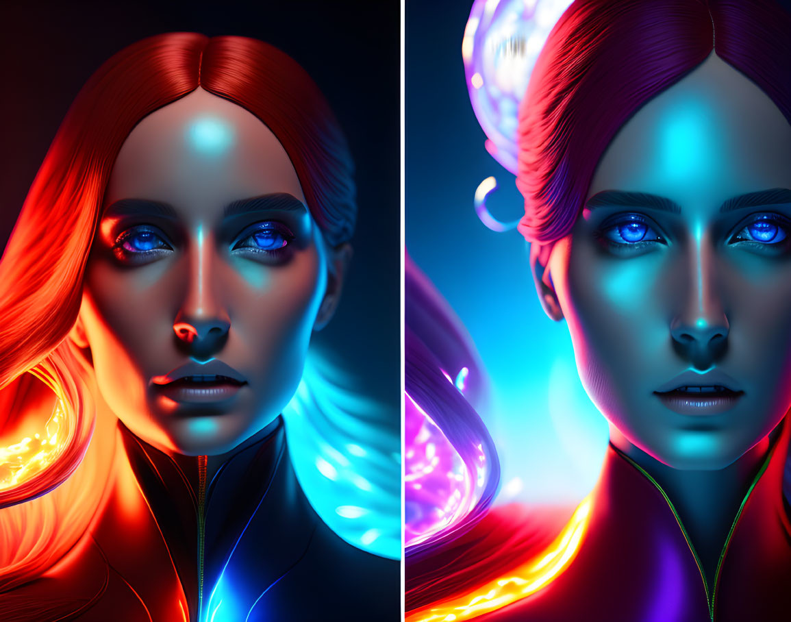 Contrasting warm and cool neon-lit portraits of a woman