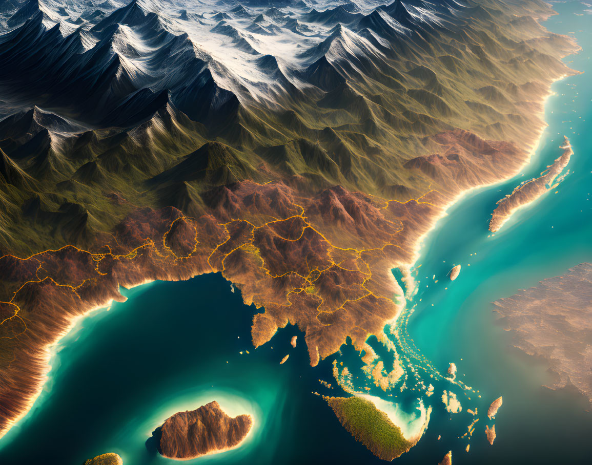 Scenic aerial view of rugged coastline with mountains, illuminated roads, and islands in turquoise sea
