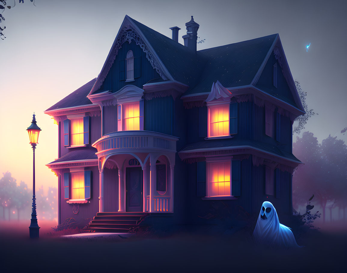 Spooky haunted house with ghost in foggy twilight