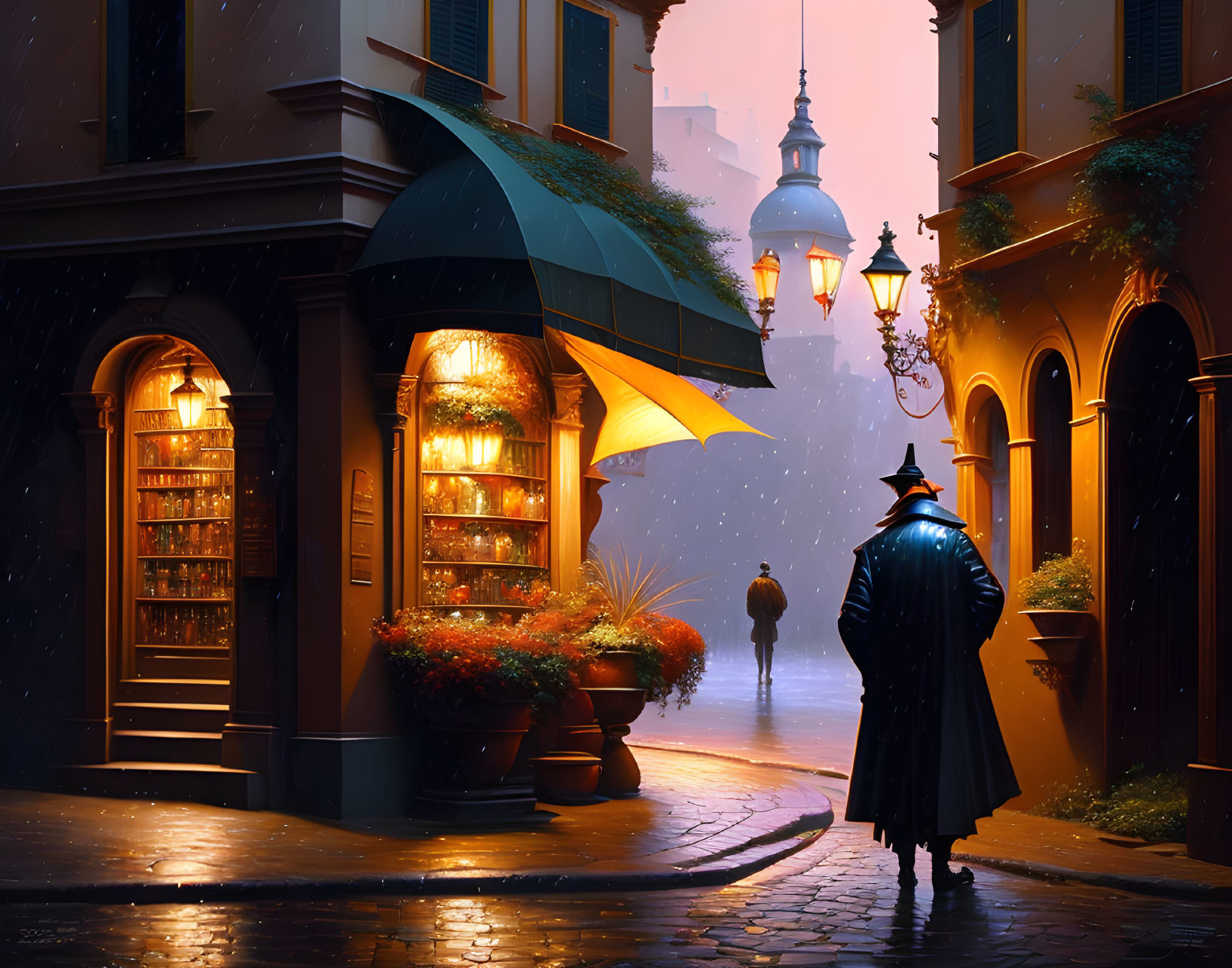 Person in trench coat and hat walking on rainy, lamp-lit cobblestone street past bookshop