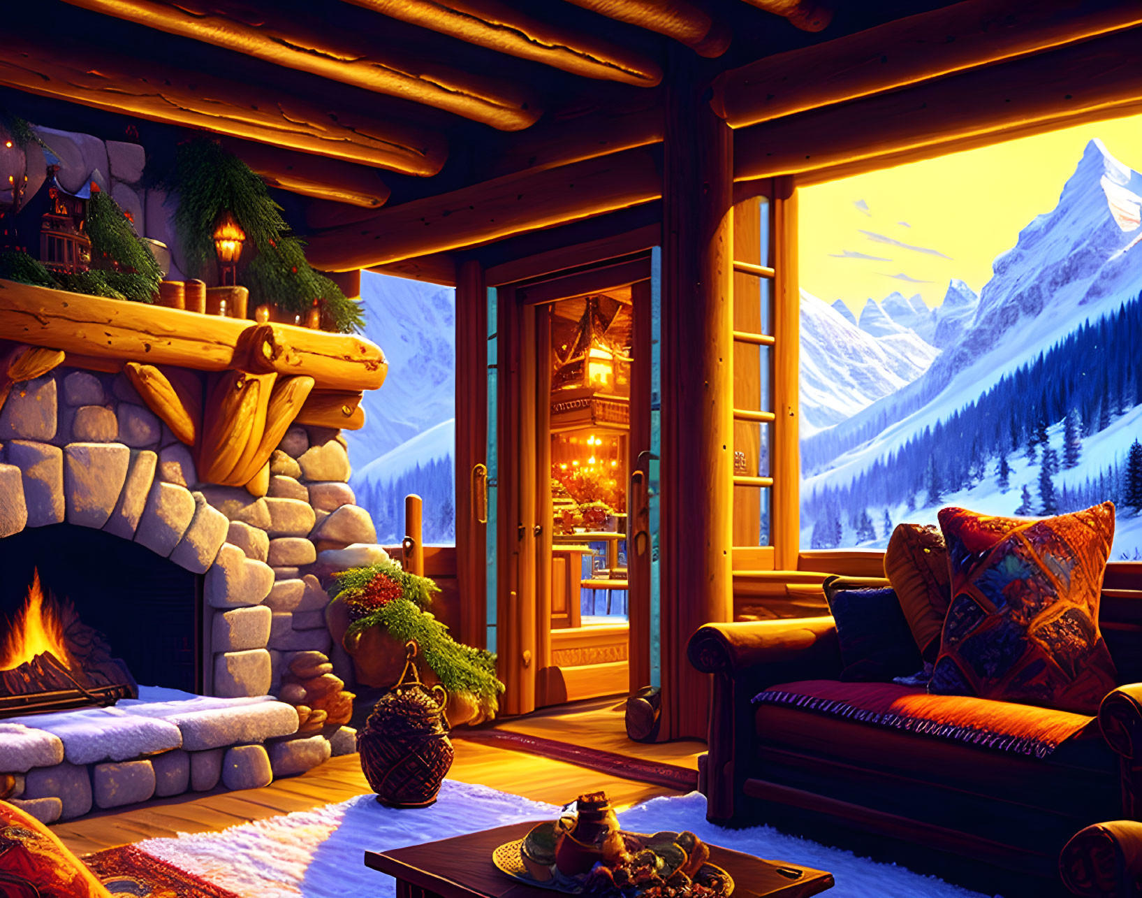 Mountain cabin interior with fireplace, festive decor, snowy peak view