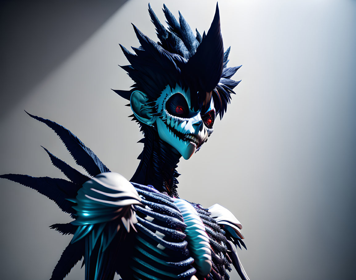 Dark stylized creature with spiky hair and glowing red eyes