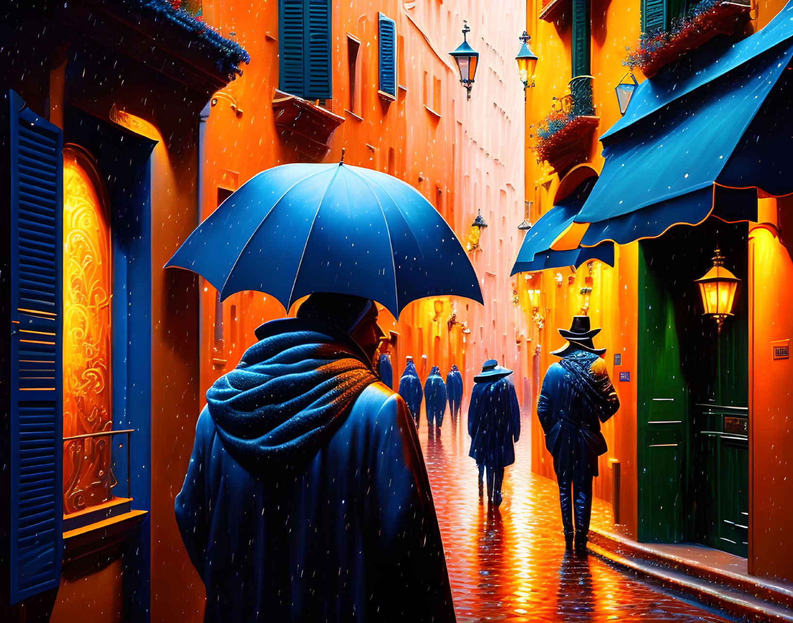 Colorful Rainy Day Street Scene with People and Umbrellas