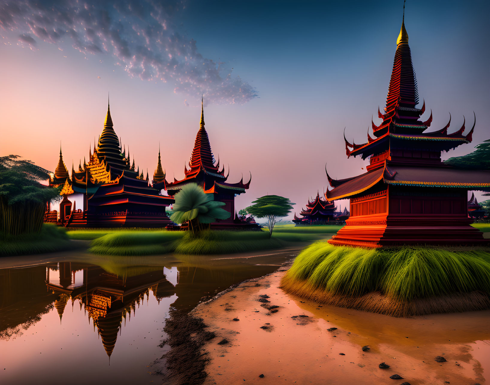 Thai-style Buildings Reflected in Water at Sunset