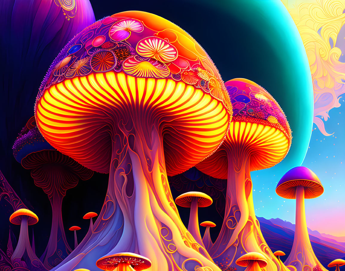 Colorful Psychedelic Mushrooms in Cosmic Sky with Crescent Planet