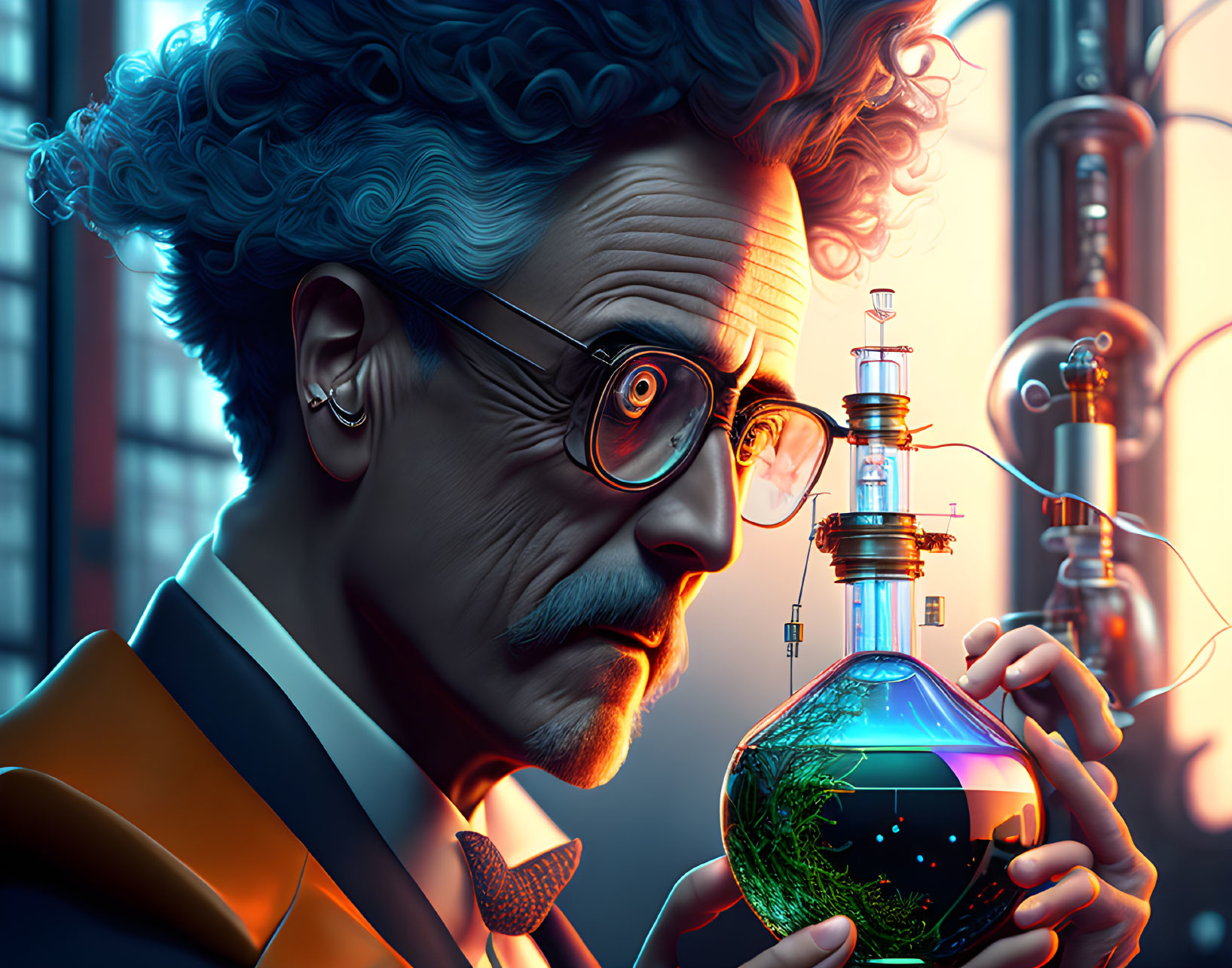 Scientist with Blue Hair and Ecosystem Flask in Colorful Illustration