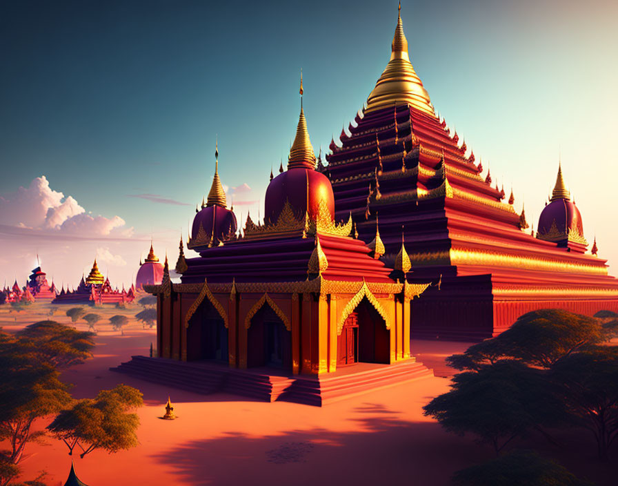 Golden Pagoda in Surreal Desert Landscape with Red Accents
