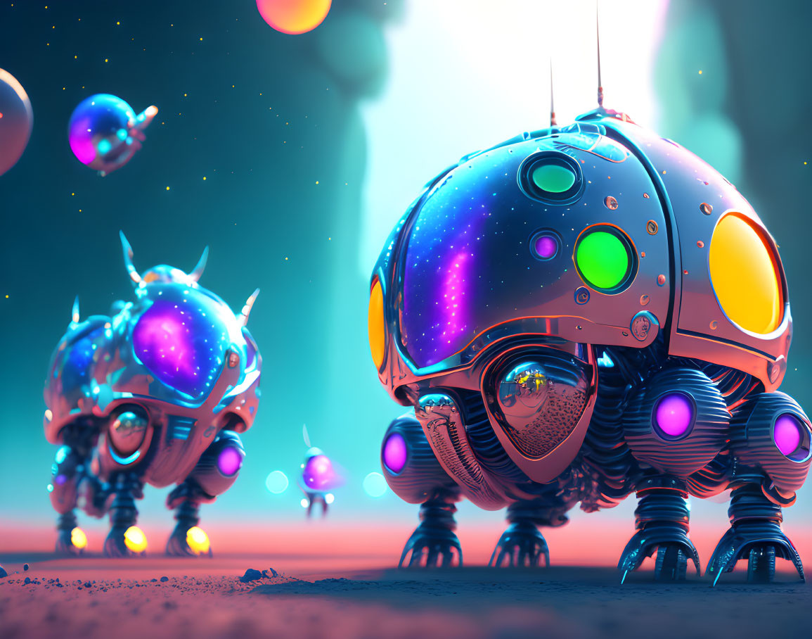 Spherical glowing robots on alien planet with pink and blue sky
