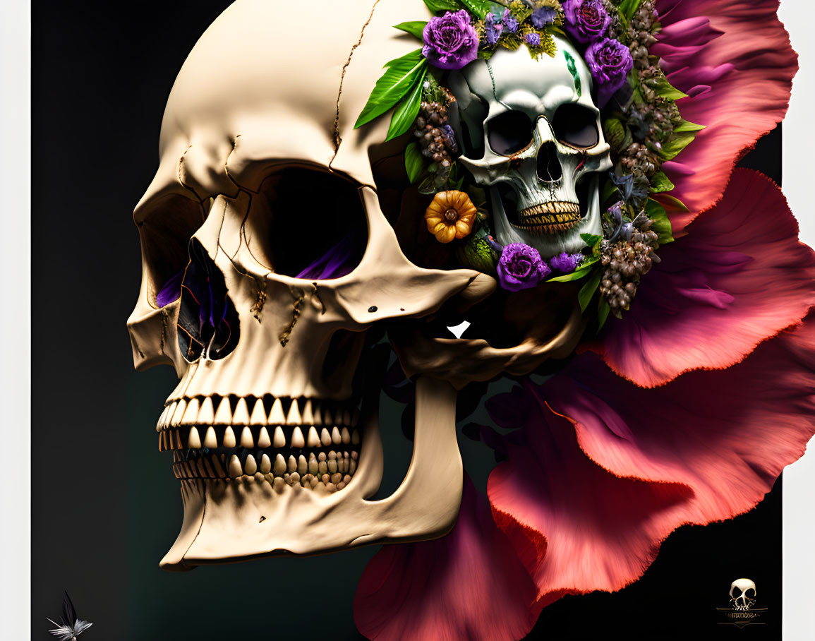 Contrasting skulls with vibrant flowers on dark background
