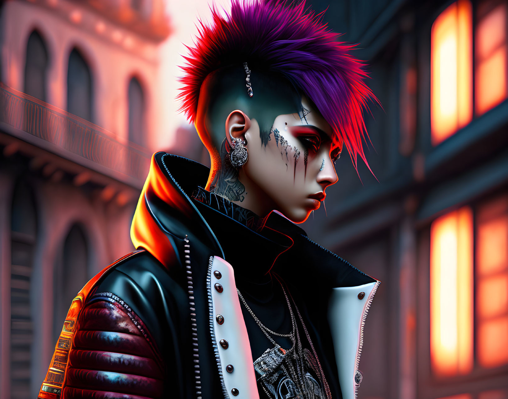 Colorful cyberpunk character with mohawk, piercings, tattoos in neon-lit city