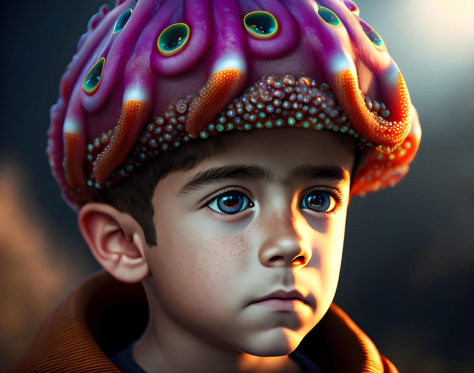 Child with expressive eyes in octopus helmet with tentacles