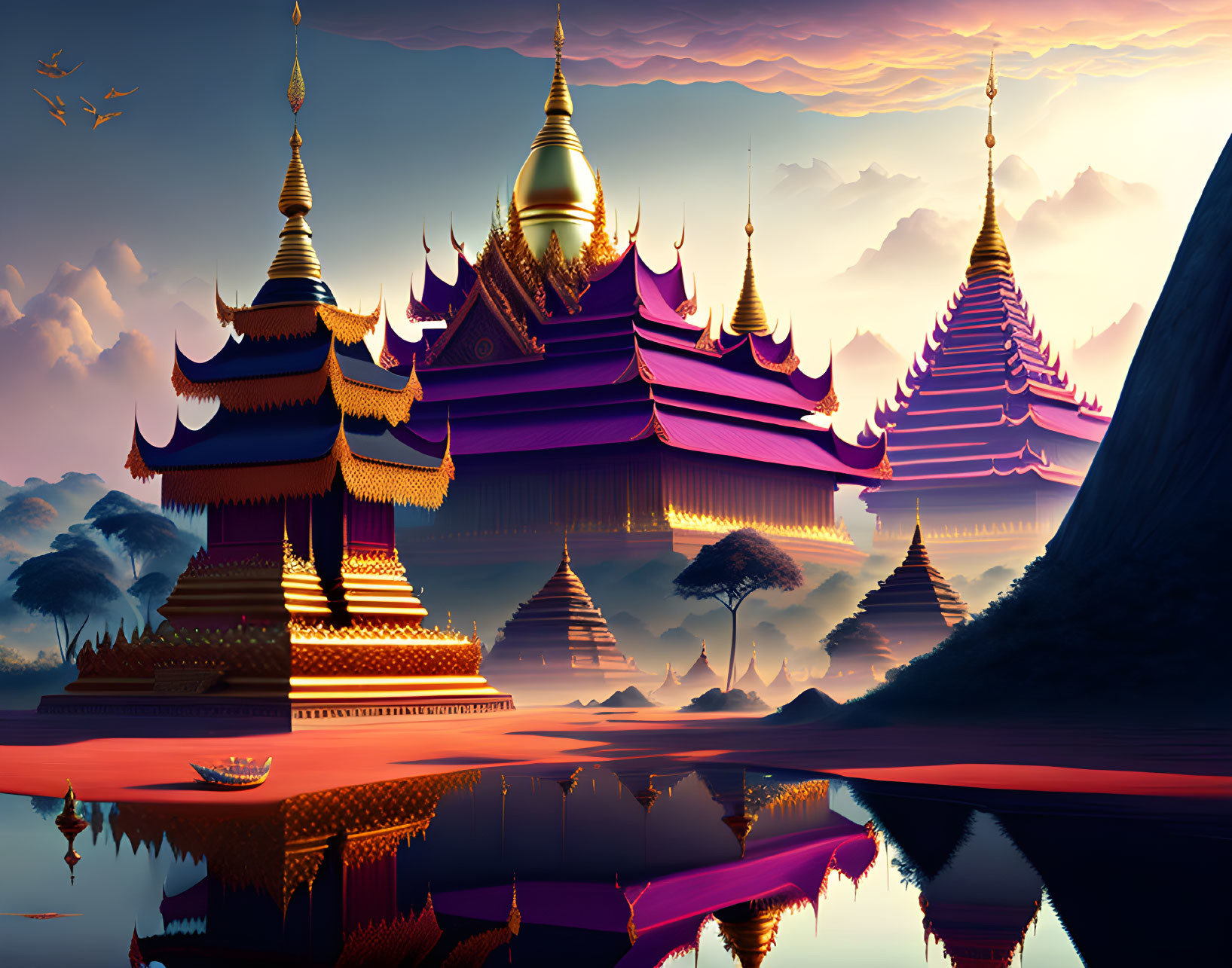 Digital artwork of Southeast Asian pagodas at sunset