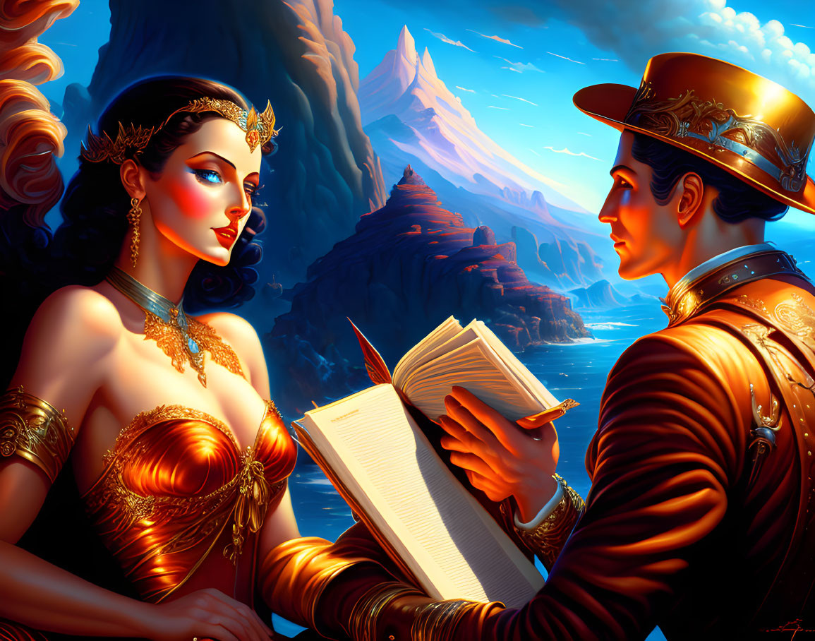 Illustration of woman in golden gown & man in steampunk attire with book, against volcanic backdrop