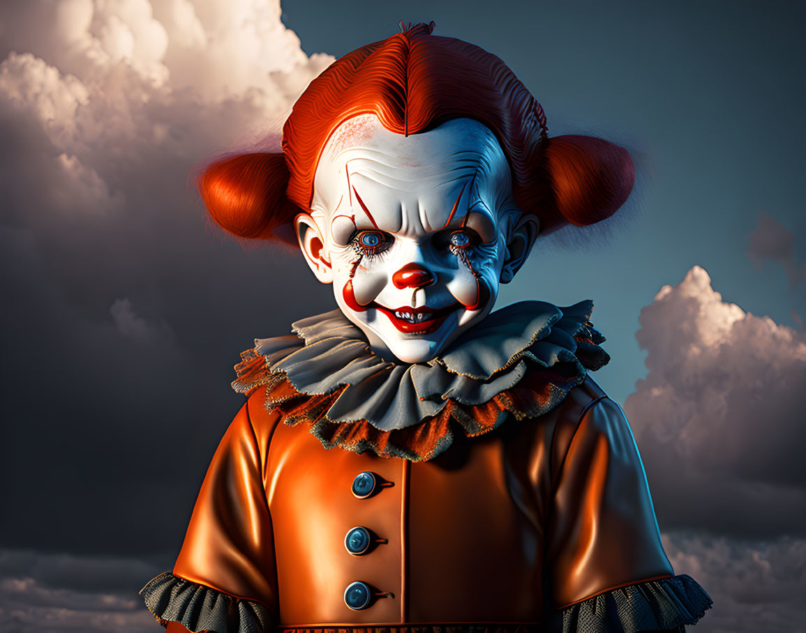 Sinister clown with red hair and menacing grin on cloudy sky backdrop