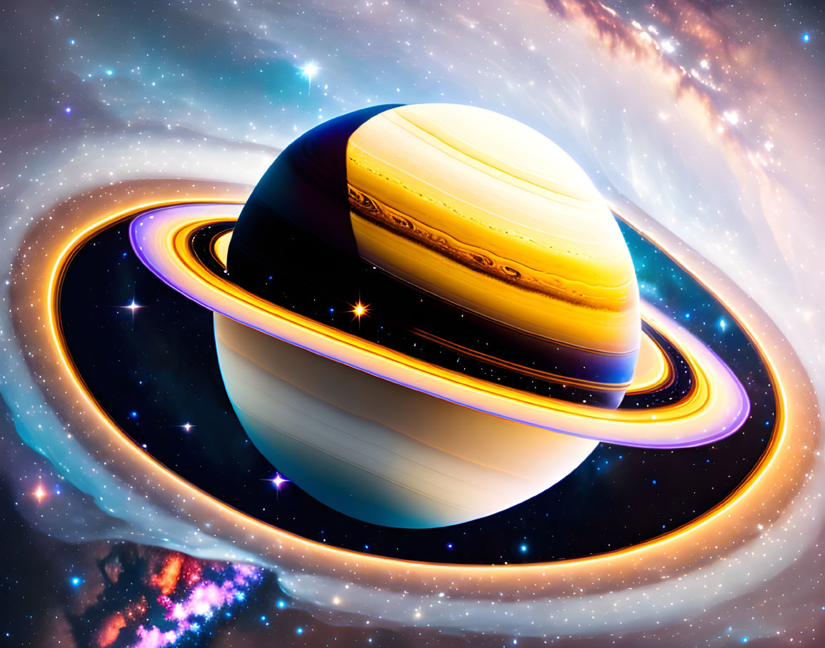 Colorful Saturn with Rings in Space Scene