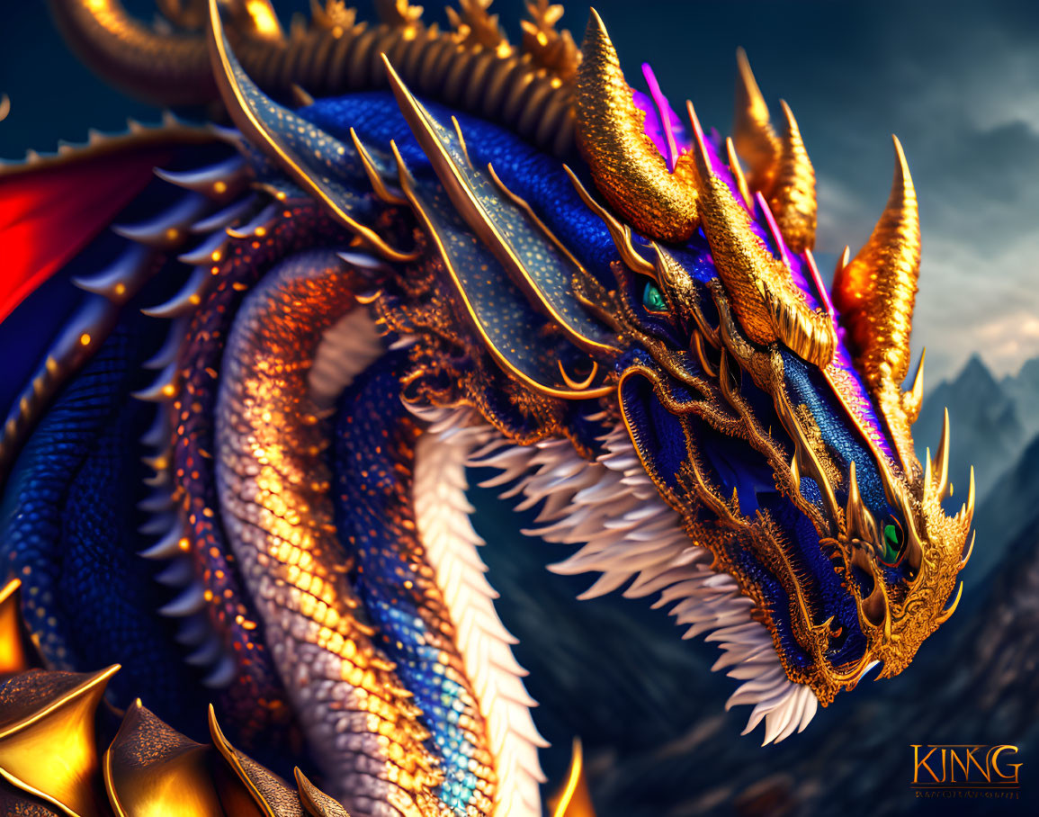 Majestic dragon with golden scales and blue eyes on dark background