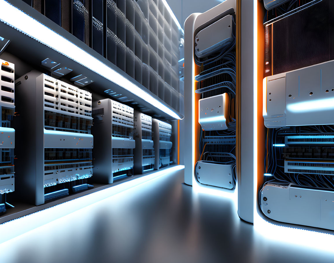 Modern Data Center with High-End Server Racks and Blue LED Lights