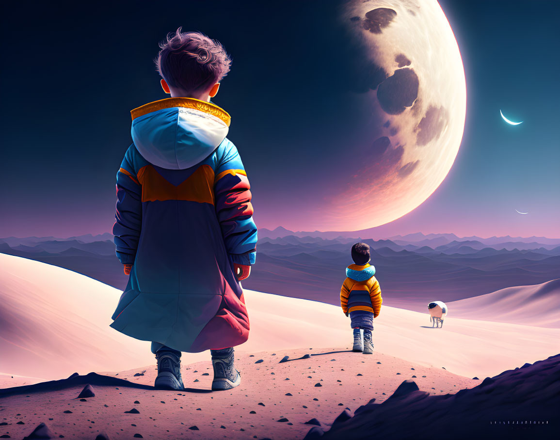 Colorful Jacketed Individuals Under Purple Moon with Robot Companion