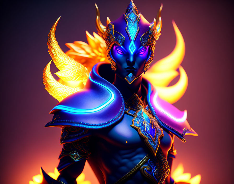 Digital Artwork of Character with Blue Skin and Golden Armor