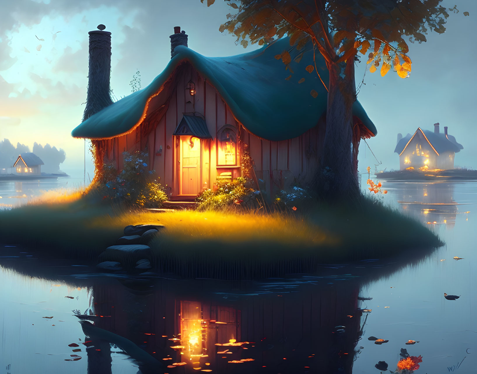 Tranquil Fall Cottage by Calm Lake at Twilight