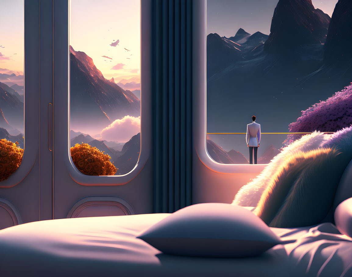 Serene bedroom with open balcony overlooking majestic sunrise mountain range