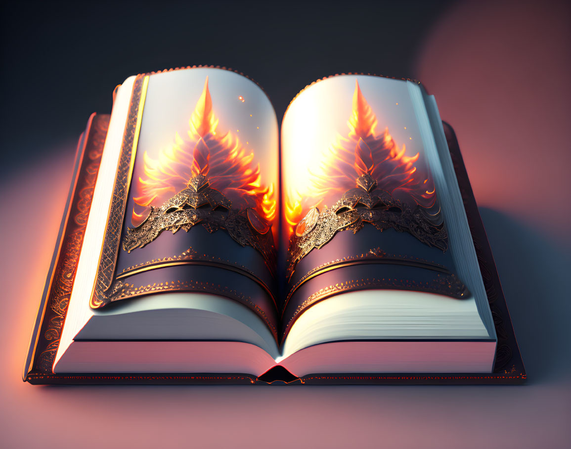Ornate open book releases fiery phoenix on pink background