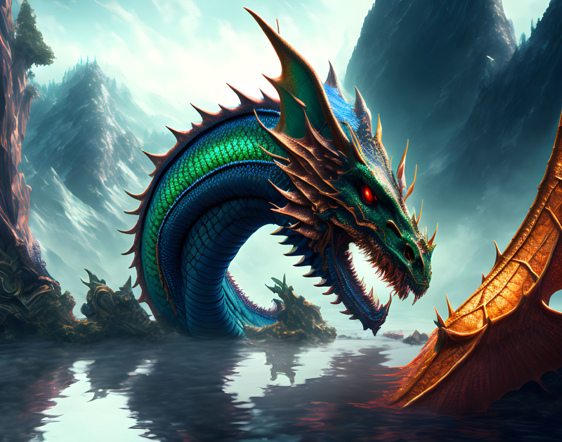 Majestic blue and green dragon in misty waters with golden spikes