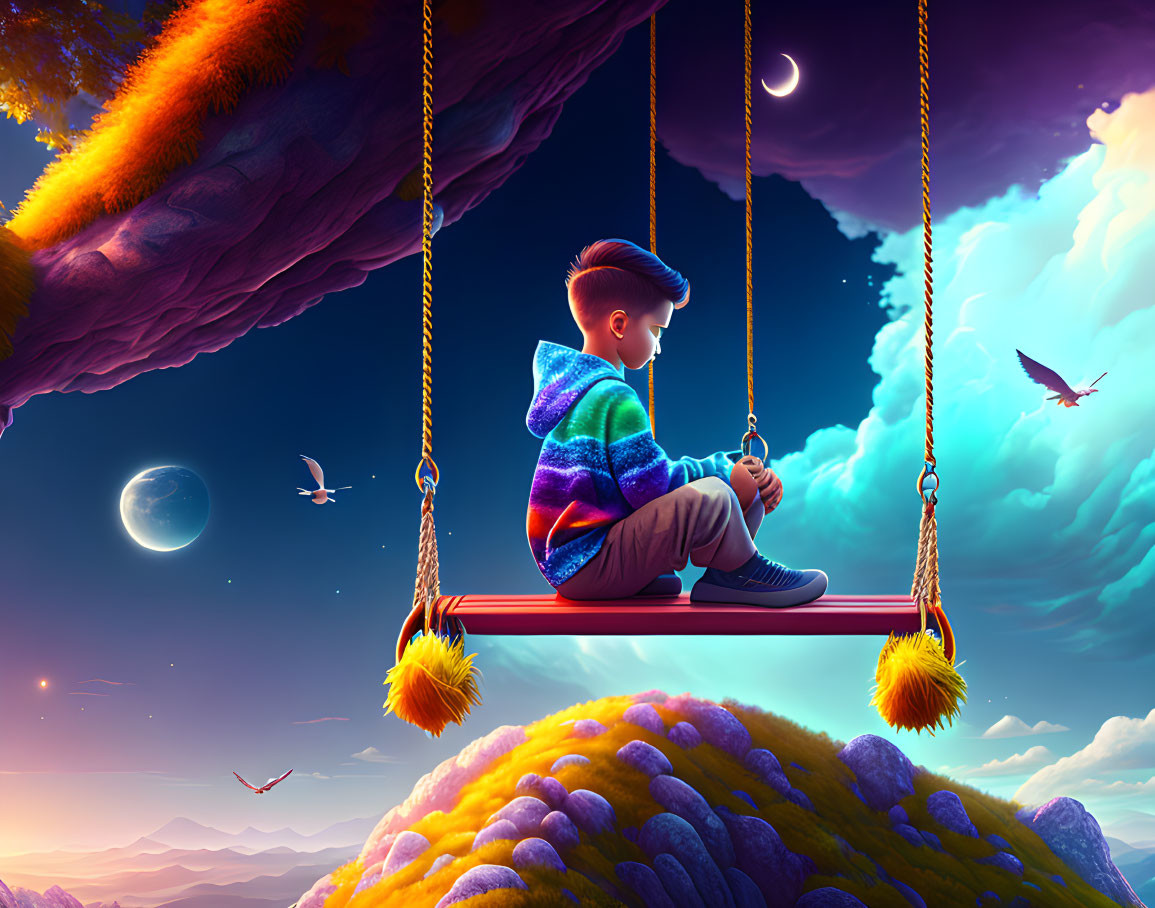 Boy on Swing in Sky with Floating Islands and Moons