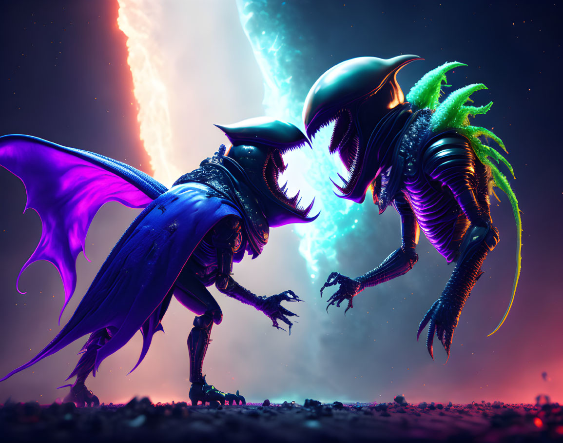 Stylized alien creatures with neon highlights in cosmic setting