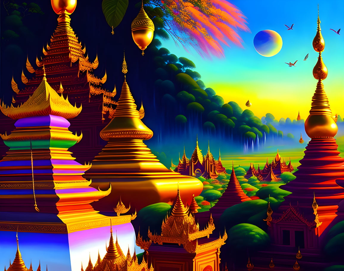 Colorful mythical landscape with golden pagodas, lanterns, misty forest, and planets in