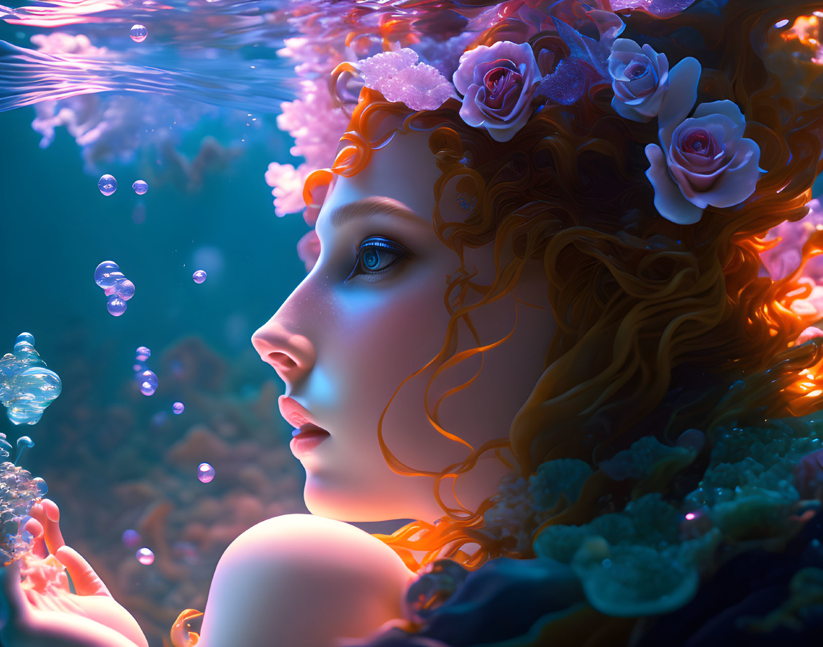 Digital Artwork: Woman Submerged in Water with Floral Headdress and Coral Colors