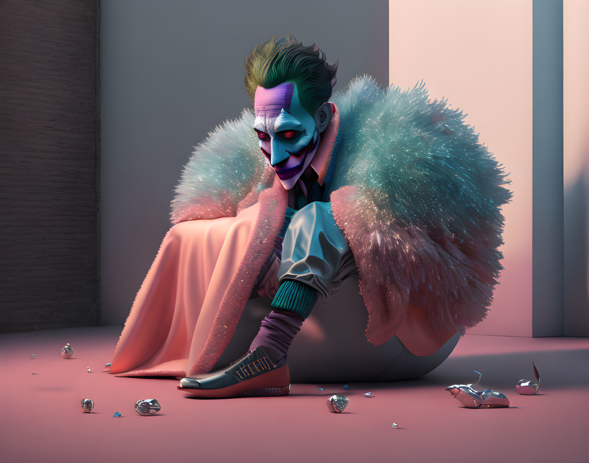 Pensive character with Joker-like makeup in flamboyant outfit surrounded by broken glass