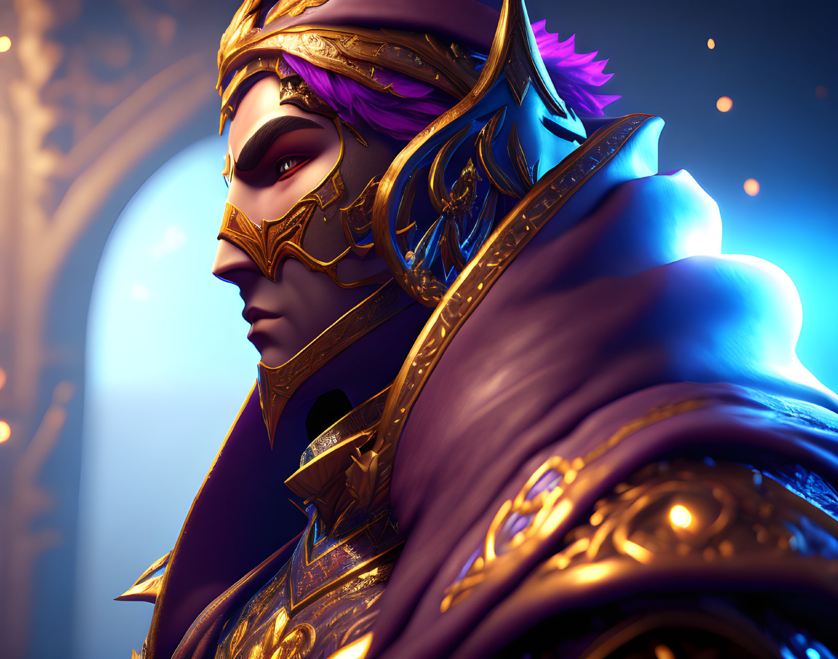 Regal character in golden mask and purple cloak against warm bokeh backdrop