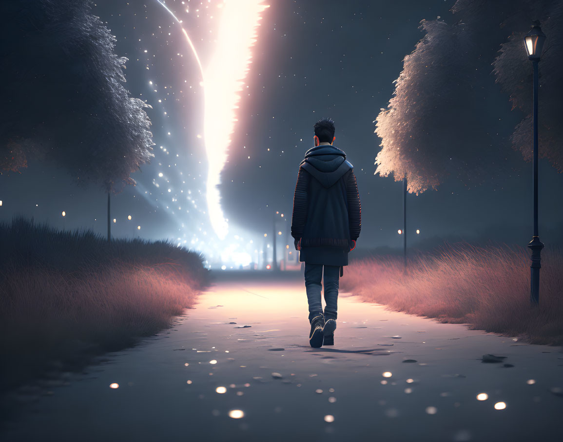 Person walking towards bright celestial event on tree-lined path at night