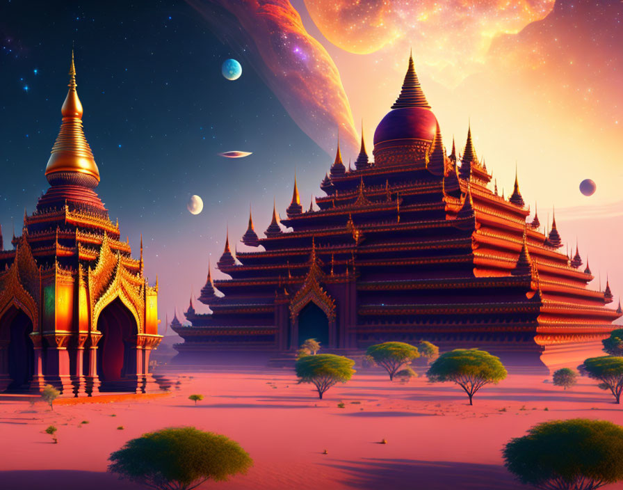 Fantastical golden pagodas and temples in a desert twilight scene
