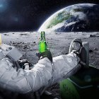 Surreal lunar scene: beer bottle, glass, snowy surface, Earth rising.