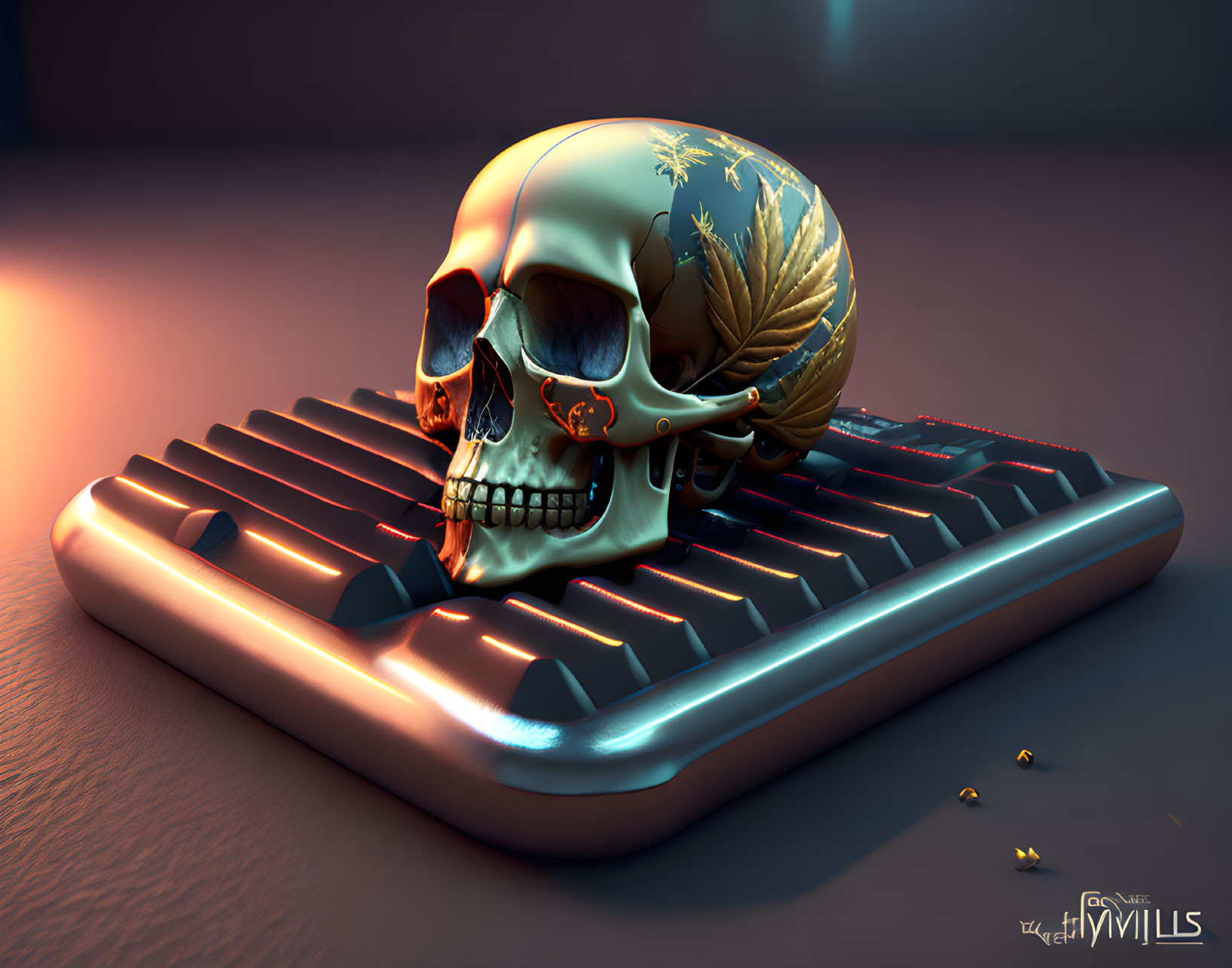 Golden-decorated skull on illuminated keyboard with scattered leaves in warm light