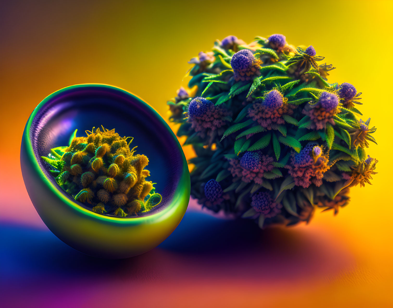 Iridescent spherical container with green pods on gradient background