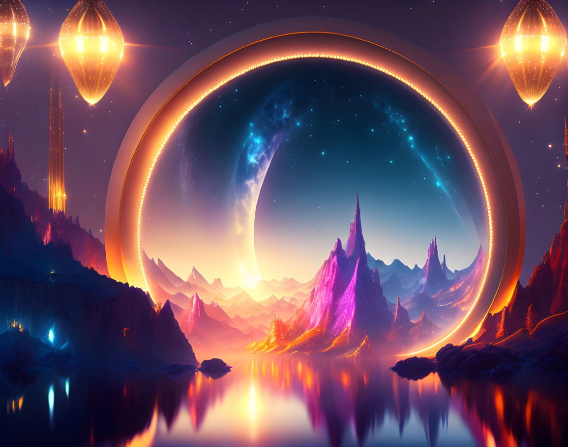 Futuristic landscape with glowing portal, illuminated mountains, and celestial bodies