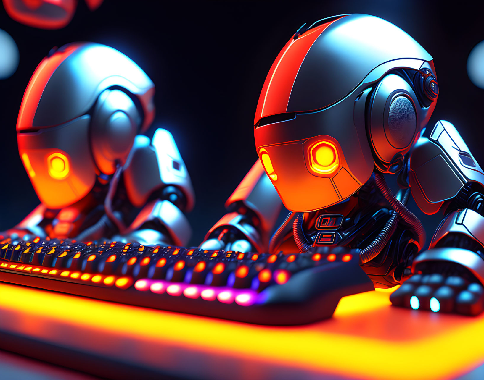 Glowing orange high-tech robots and illuminated gaming keyboard on dark neon-lit background