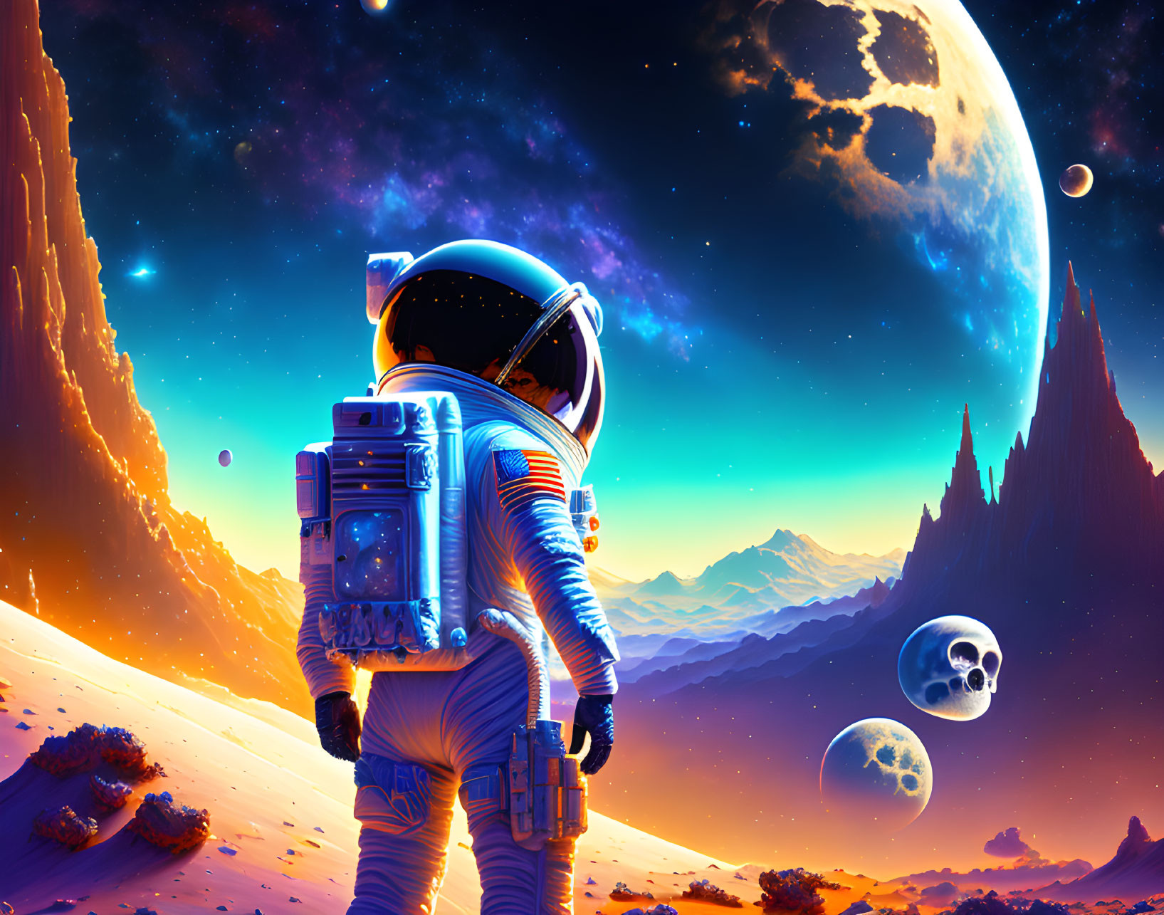 Astronaut on vibrant alien planet with towering mountains and multiple moons