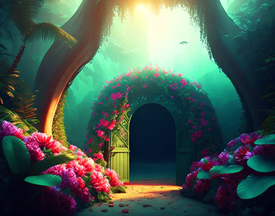 Pink flowers archway in sunlit forest clearing