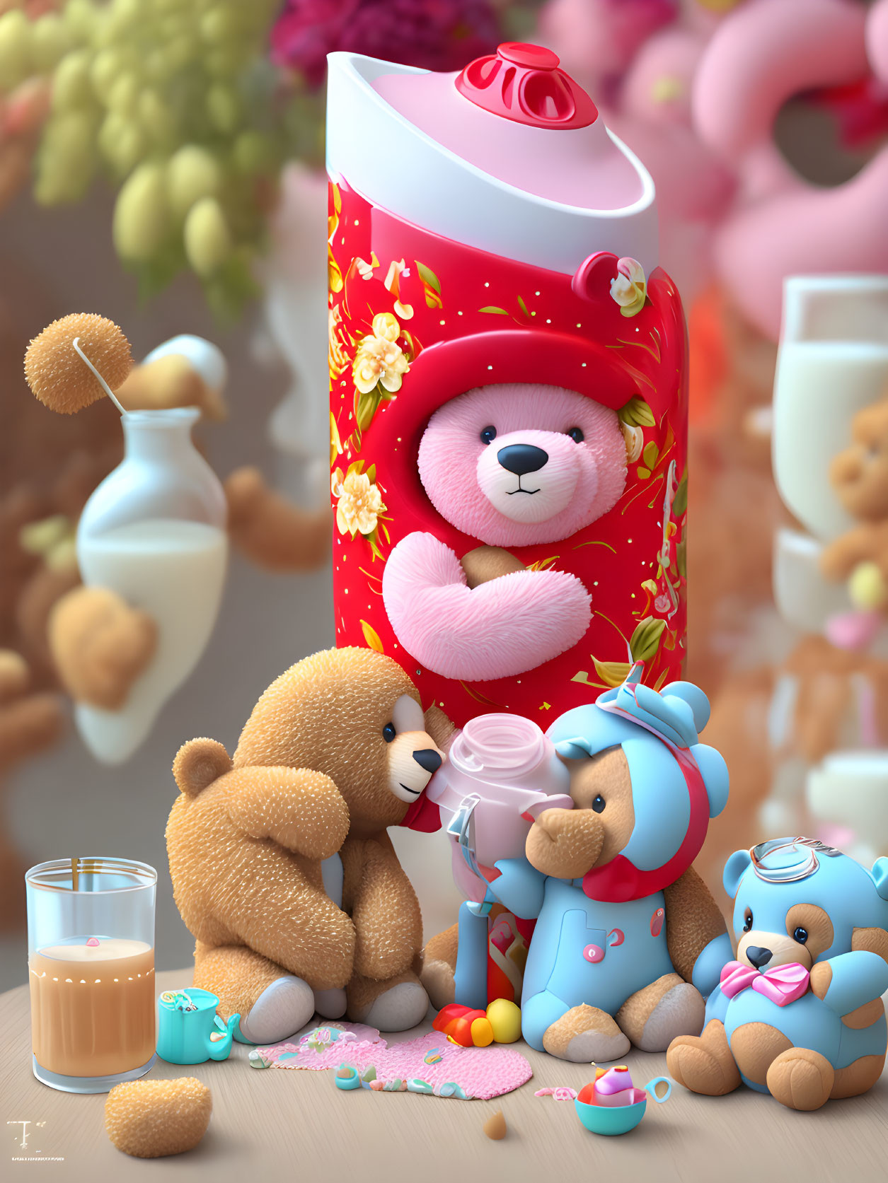 Whimsical Teddy Bear Arrangement with Toys and Milk Bottles