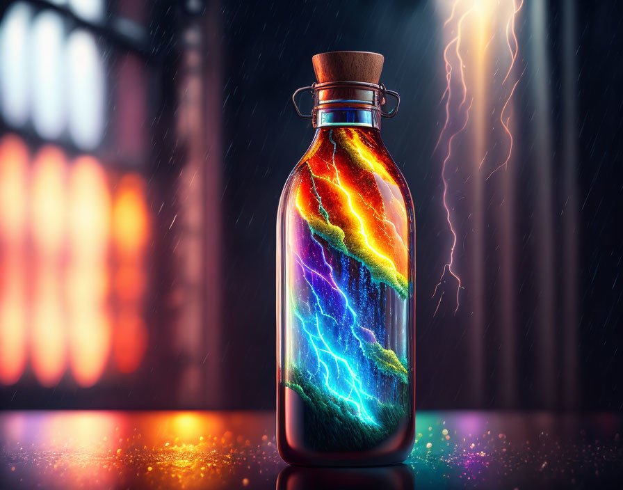 Glass Bottle Capturing Vibrant Lightning Bolts on Stormy Sky Background