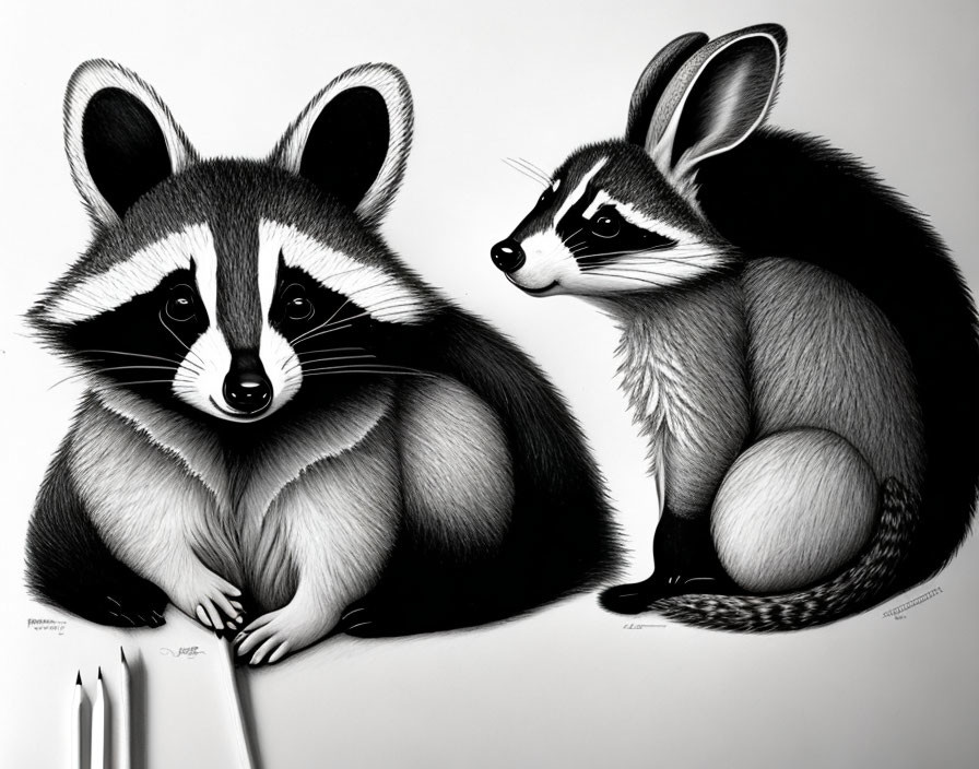 Detailed Black and White Illustration of Raccoon and Cacomistle with Fur Textures