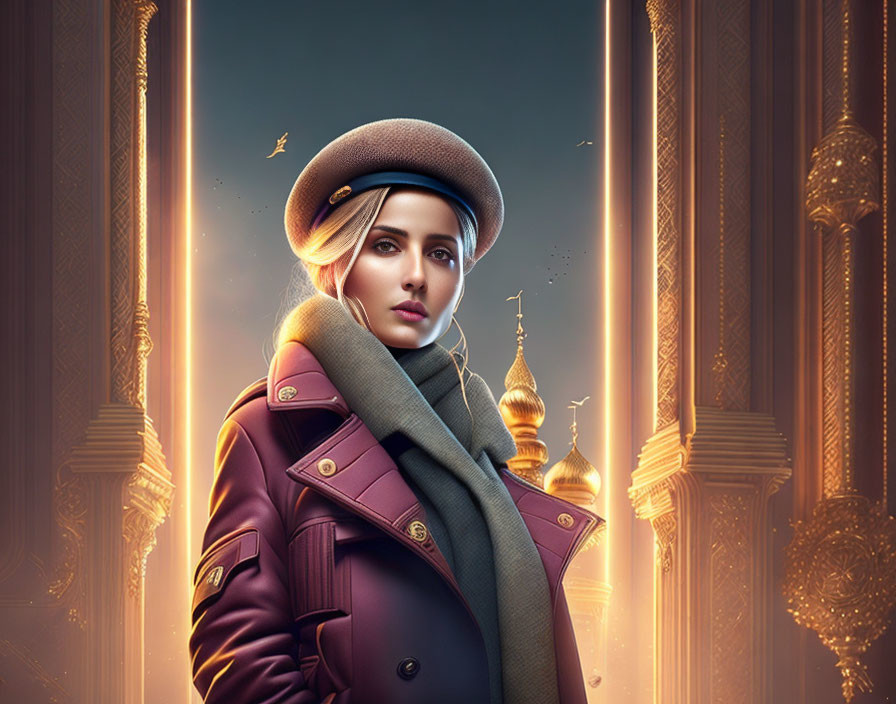 Digital portrait of a woman with beret and scarf against golden pillars and domes in warm glow