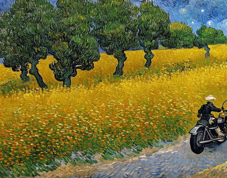 Person on Motorcycle Over Van Gogh-style Landscape Art Merge