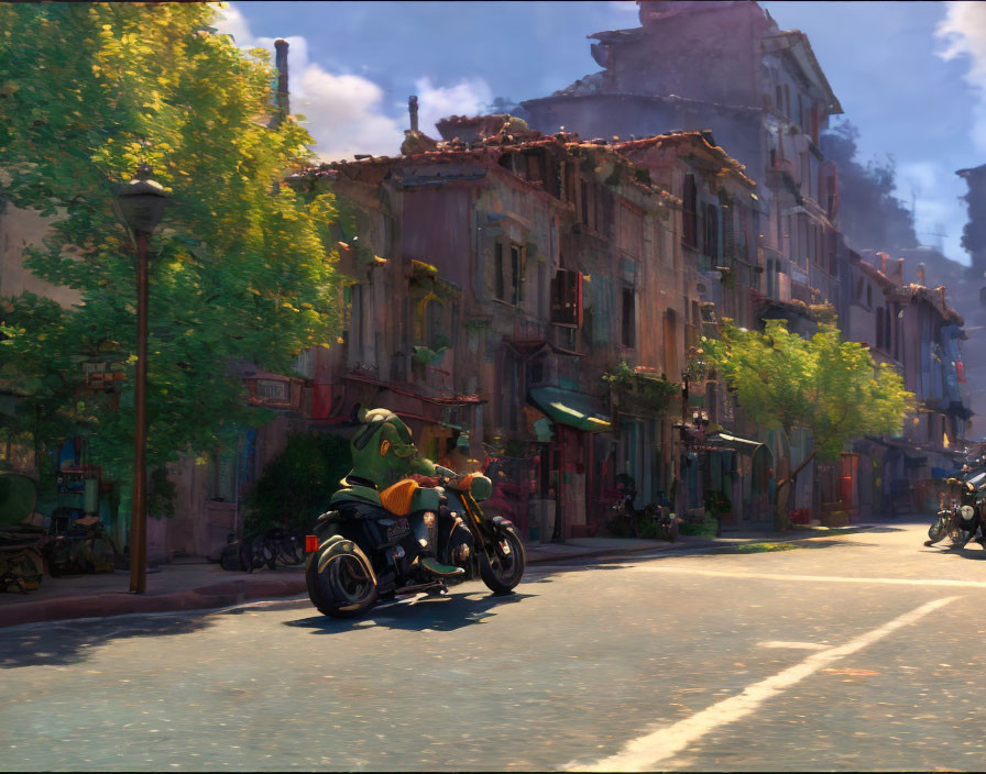 Animated character on motorcycle through European-style street