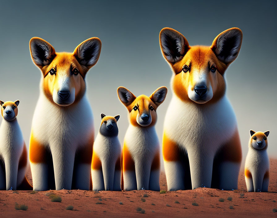 Five corgi dogs in a desert with cartoon-like features